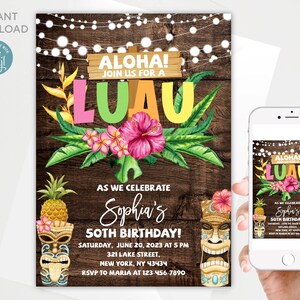 May include: A luau themed 50th birthday party invitation with a tropical floral design and a wooden background. The invitation says "Aloha! Join us for a Luau" and includes the details of the party, including the date, time, location, and RSVP information.