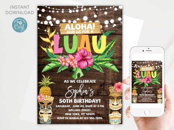 Tiki Luau Birthday Invitation Template: Editable Tropical Design (Digital Download)