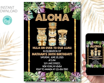 Editable Hawaiian Aloha Birthday Invitation | Tiki gods Birthday Invitation | Luau Birthday Invitation | Instant download