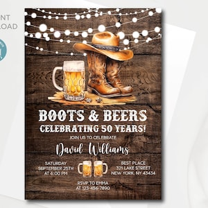 Plantilla de invitación editable para el 50.° cumpleaños de Boots and Beers Man / Invitación de cumpleaños occidental para adultos / Todo el texto es editable / Descarga instantánea