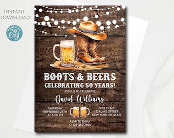 May include: A rustic brown wood background with a string of white lights. Two brown cowboy boots with a cowboy hat on top. Two glasses of beer with a white text overlay that says "Boots & Beers Celebrating 50 Years!"  Join us to celebrate David Williams. Saturday September 25th at 6:00 PM. RSVP to Emma at 123-456-7890. Best Place 321 Lake Street New York, NY 43434.