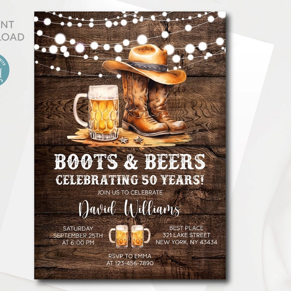 Editable Boots and Beers Man 50th Birthday Invitation template | Adult Western Birthday Invitation | All text is editable | Instant Download