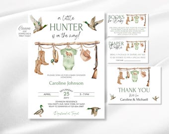 May include: Baby shower invitation set with a hunting theme. The invitation features watercolor illustrations of ducks, a baby onesie, cowboy boots, and a rifle. The text reads "a little HUNTER is on the way!" and includes details for the event.