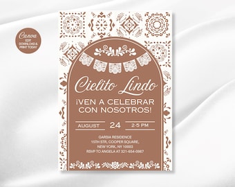 Terracotta Cielito Lindo Celebration Invitation: Mexican Papel Picado Design (Canva Editable, Digital Download)