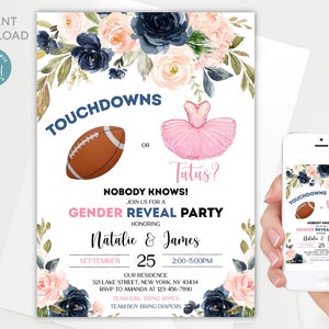 Editable Touchdowns or Tutus Gender Reveal Invitation | Digital Template With Flowers ...
