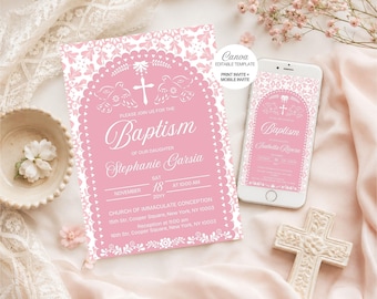 Baptism Invitation Set, Cielito Lindo Pink Canva Template, Print and Mobile Invitations