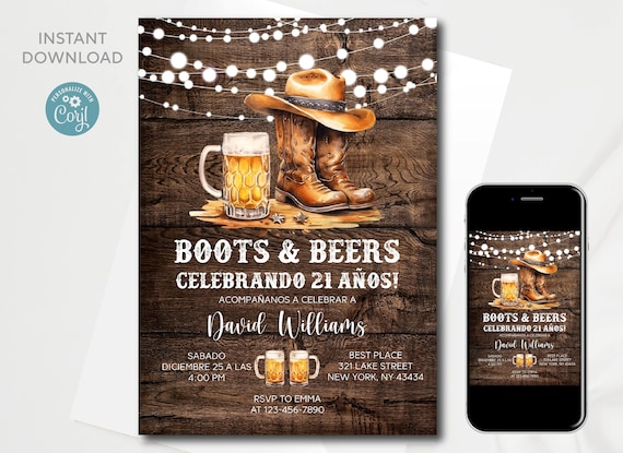 Boots and Beers 21st Birthday Invitation Template (Digital Download)