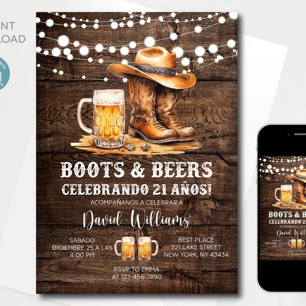 Spanish Boots and Beers Man 21st Birthday Invitation template | Adult Western Birthday Invitation | All text is editable | Instant Download
