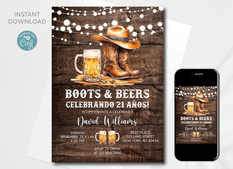 Puede incluir: Un fondo de madera marr&oacute;n r&uacute;stico con luces de cadena blancas. Un par de botas de vaquero marrones con un sombrero de vaquero marr&oacute;n encima de las botas. Un vaso de cerveza con espuma. El texto "Boots & Beers Celebrando 21 A&ntilde;os!" est&aacute; escrito en letras blancas. El texto "David Williams" est&aacute; escrito en letras blancas. El texto "Sabado Diciembre 25 a las 4:00 PM" est&aacute; escrito en letras blancas. El texto "Best Place 321 Lake Street New York, NY 43434" est&aacute; escrito en letras blancas. El texto "RSVP to Emma at 123-456-7890" est&aacute; escrito en letras blancas.