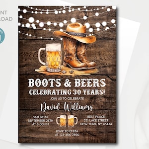 Modello di invito modificabile per il 30° compleanno di Boots and Beers / Invito di compleanno per adulti in stile western / Tutto il testo è modificabile / Download immediato