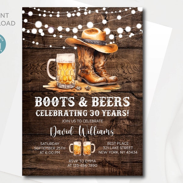 Editable Boots and Beers 30th Birthday Invitation template | Adult Western Birthday Invitation | All text is editable | Instant Download