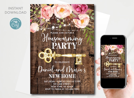 Rustic Housewarming Party Invitation Template: Floral Key (Digital Download)