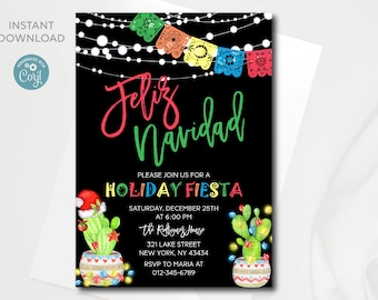 Può includere: Un invito stampabile in bianco e nero con testo colorato che recita "Feliz Navidad" e "Holiday Fiesta". L'invito presenta un cactus con un cappello di Babbo Natale e una ghirlanda di luci. Il testo include la data, l'ora e la posizione dell'evento.