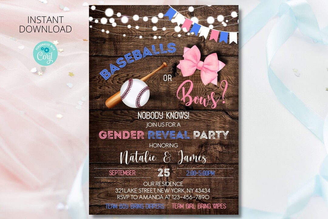 Baseballs or Bows Gender Reveal Invitation Digital Template With Wood