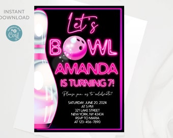 Editable Pink Bowling Birthday Invitation template | Bowling Party Invitation for girl | Any age | Instant download