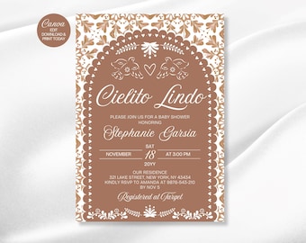 Terracotta Cielito Lindo Baby Shower Invitation: Editable Mexican Papel Picado (Canva Template - Digital Download)