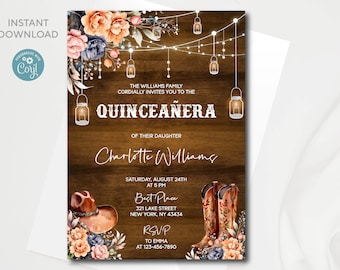 Western Rustic Quinceanera Birthday invitation | Editable Digital template 15th Birthday | Instant download