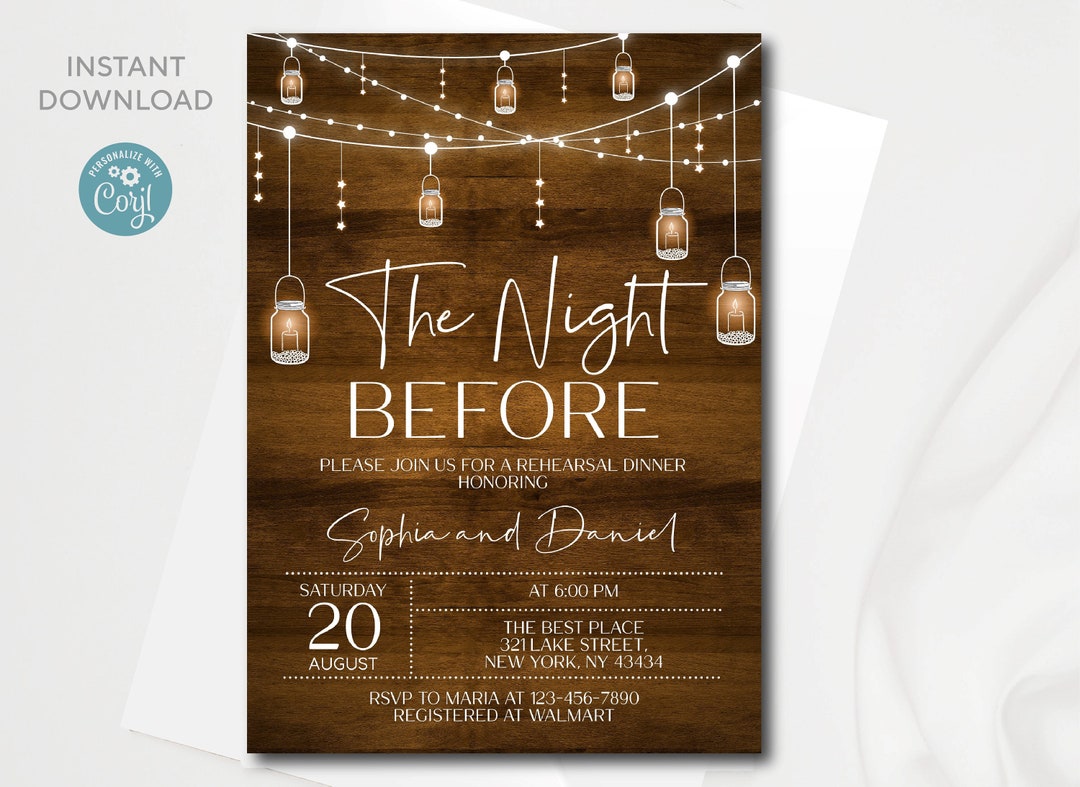 Rustic Rehearsal Dinner Invitation Template: Mason Jar Lights (digital ...