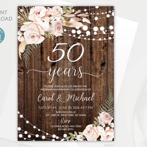 Faire-part pour 50e anniversaire de mariage | Modèle modifiable d'invitation pour le 50e anniversaire | Invitation décontractée rustique | Téléchargement instantané