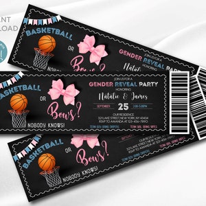 Invitación para revelar el género de una niña de baloncesto o moños / Plantilla digital / Invitación para revelar el género de una niña de baloncesto o moños / Azul o rosa / Editable e imprimible