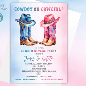 Invitación a fiesta de revelación de género de vaquero o vaquera / Plantilla editable de baby shower occidental / Todo el texto es editable / Descarga instantánea