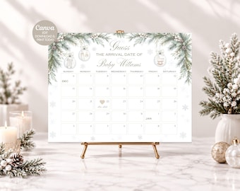 Baby Shower Due Date Guessing Game, Winter Baby Prediction Calendar Canva Template
