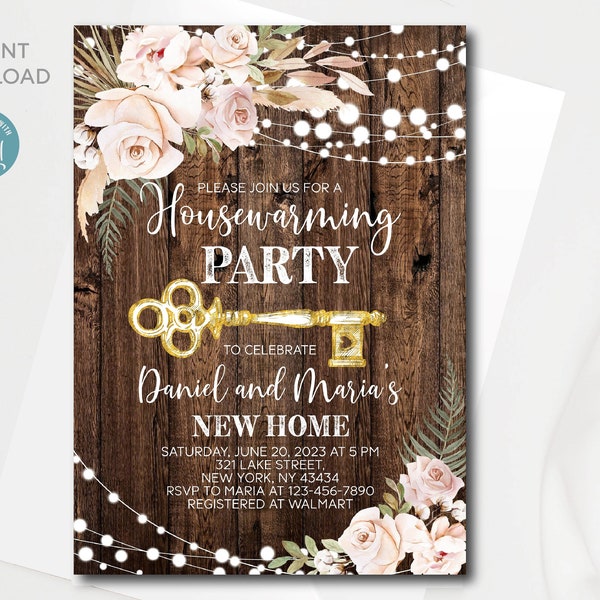 Editable Rustic Housewarming Party Invitation template | Boho floral Invitation template | Yourself editable with Corjl | Instant Download