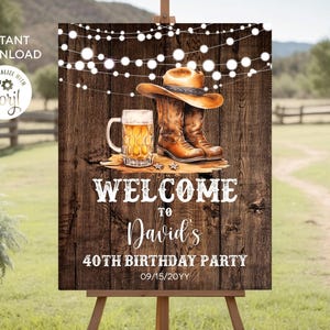 Poster di benvenuto per il compleanno di stivali e birre rustiche modificabili / Modello di cartello di benvenuto per il compleanno di cowboy / 16x20 / 18x24 / Download digitale