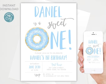 Editable Donut 1st Birthday Invitation Template: Sweet One (Digital Download)