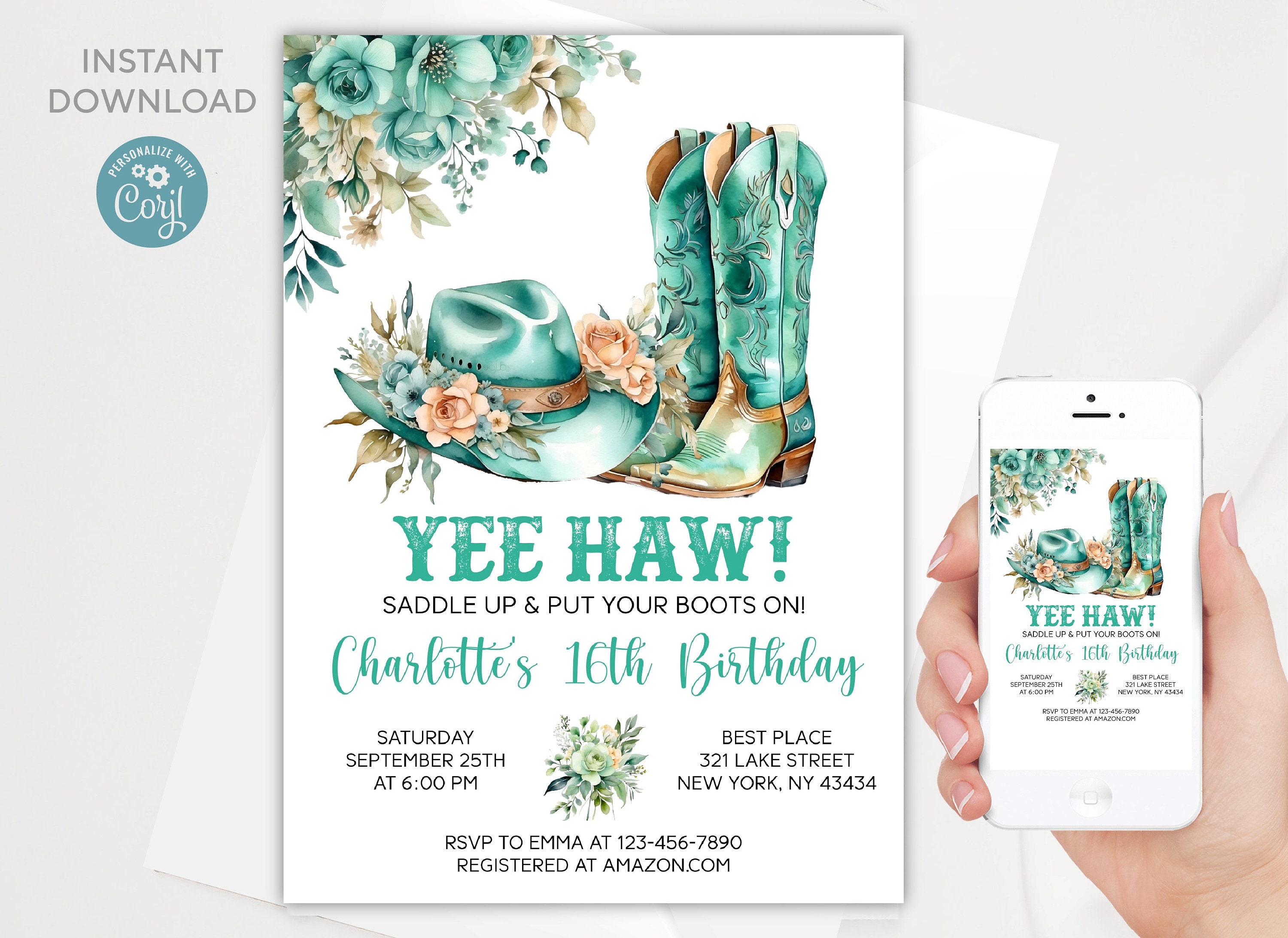 Cowgirl 16th Birthday Invitation: Teal Western Theme (digital