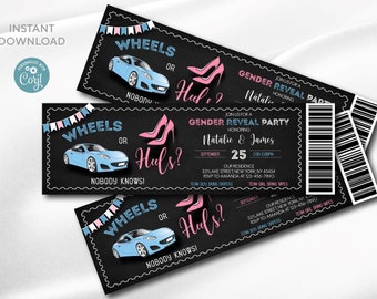 Può includere: Inviti per una festa di rivelazione del sesso con un design a lavagna nera. Gli inviti presentano un'auto blu e tacchi alti rosa, con il testo "Wheels or Heels? Nobody Knows!" e i dettagli della festa.