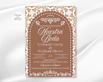 May include: A wedding invitation with a brown background and white decorative border. The invitation includes the text "Nuestra Boda" and the names Leonardo Garcia & Stephanie Rivera. The date is August 24th at 2:5 PM.