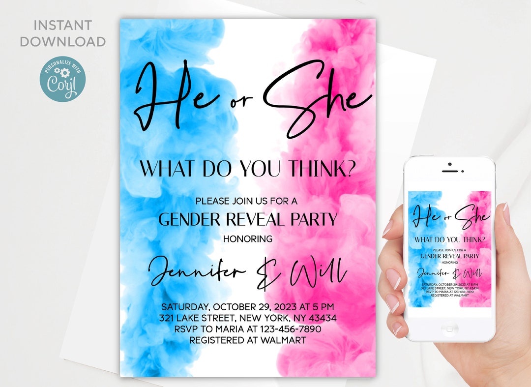 Editable He or She Gender Reveal Invitation Template (digital Download ...