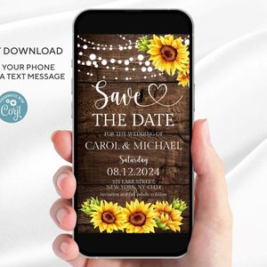 Elektronische Rustikale Save the Date Vorlage | Save the Date Einladung mit Sonnenblumen | für Iphone, Smartphone, Email | Sofort Download