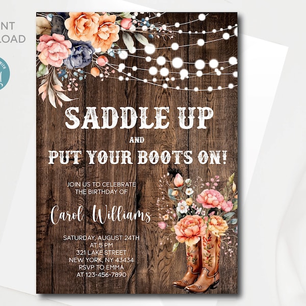 Editable Western Birthday invitation for woman | Digital template | Saddle up and put your boots on | Instant download