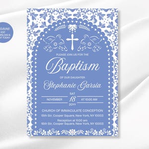 Editable Dusty Blue Papel Picado Baptism Invitation | Mexican Bautizo Invitation | Fiesta Baptism invite | Instant Download | Canva