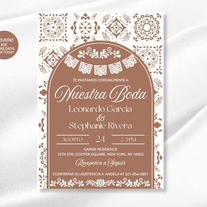 May include: A wedding invitation with a brown arch design and decorative floral and geometric patterns. The invitation includes the names Leonardo Garcia and Stephanie Rivera, the date August 24, and the time 2:15 PM.