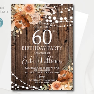 Editable 60th Birthday Invitation: Burnt Orange Roses (Digital Download)