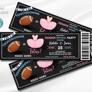 Touchdowns oder Tutus Gender Reveal Ticket Einladung | Digitale Vorlage | Touchdowns oder Tutus Einladung | Blau oder Pink | Bearbeitbar Druckbar