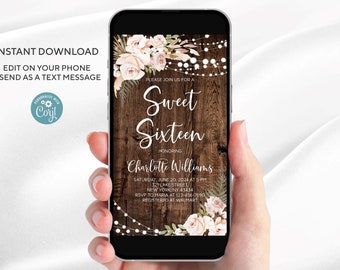 Modello di invito per i sedici anni in stile boho floreale (download digitale)