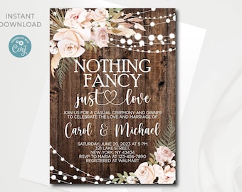 Rustic Nothing Fancy Just Love invitation template, Editable Rustic Wedding Reception invitation, Instant Download