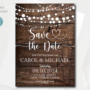 Bearbeitbare Rustikale Save the Date Einladung Vorlage, Holz Save the Date Einladung, Instant Download