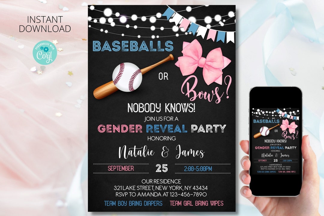 Baseballs or Bows Gender Reveal Invitation Digital Template Baseball or