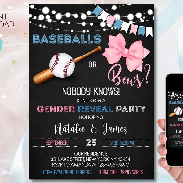 Baseballs or Bows Gender Reveal Invitation digital template | Baseball or bows Invitation | Blue or Pink | Boy or Girl | Editable Printable