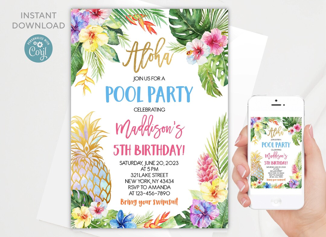 Editable Aloha Pool Party Invitation Template | Birthday Invitation ...