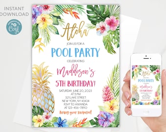 Aloha Pool Party Invitation Template: Editable Birthday Invite (Digital Download)