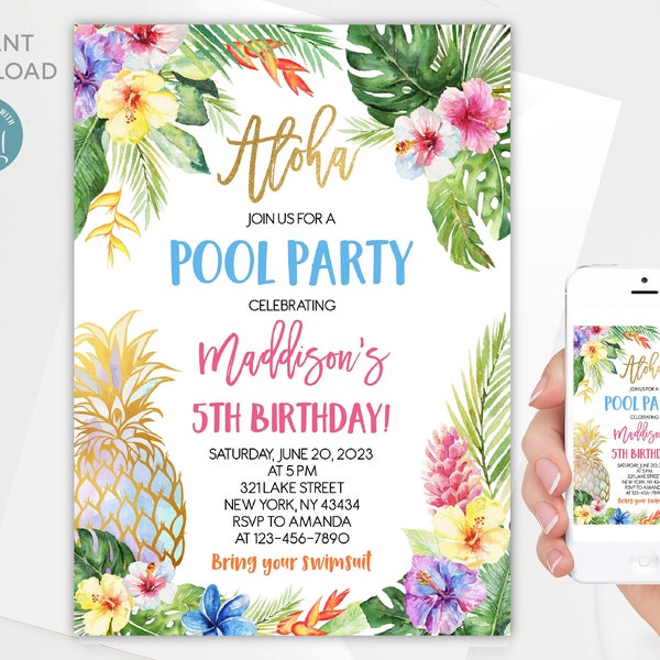 Editable Aloha Pool Party invitation template | Birthday invitation | Any age | All text is editable | Printable | Instant download