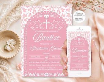 Bautizo Invitations Set, Cielito Lindo Pink Spanish Canva Template, Print and Mobile Invitations