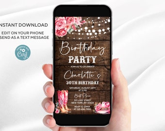 Editable Electronic Western Rustic Cowgirl 30th Birthday invitation, All text is editable, Instant Download