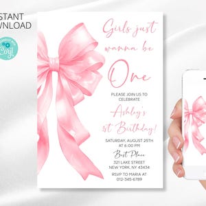 Coquette 1st Birthday Invitation: Pink Bow, Editable Template (Instant Download)